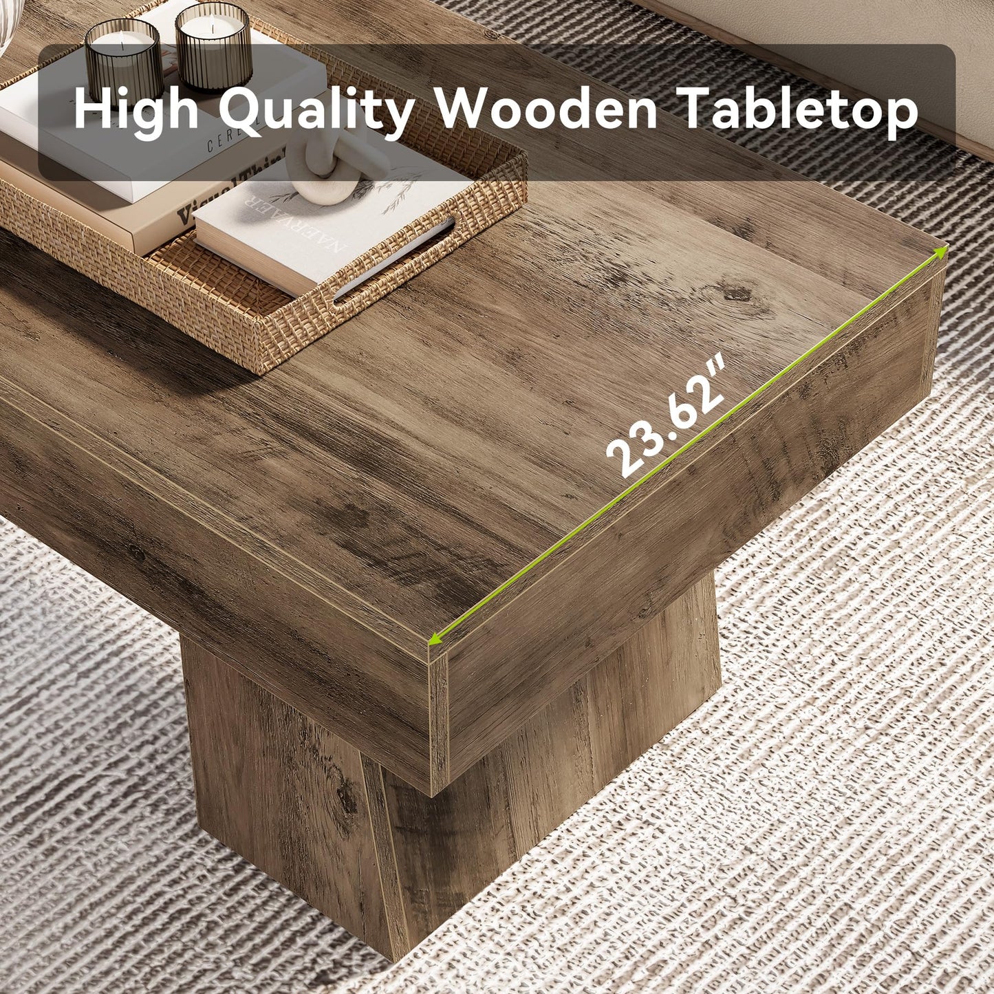 LITTLE TREE Farmhouse Coffee Table, 47 Inches Wooden Rectangular Accent Center Tables with Thick Base