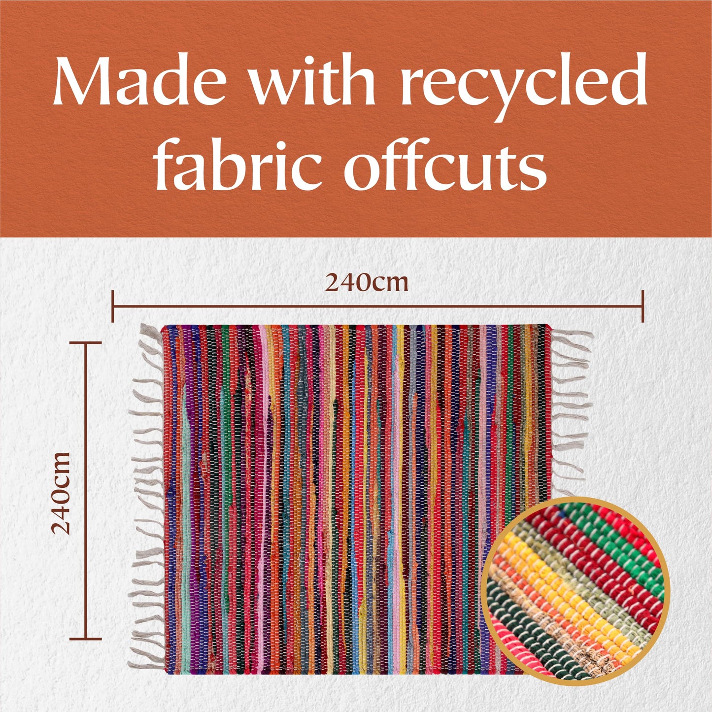 Second Nature Online - SHANTI Multi Coloured Rug | Hand Woven | Eco-Friendly: 100% Recycled Fabric | Ethically Sourced | Flat Weave (240 cm x 240 cm)