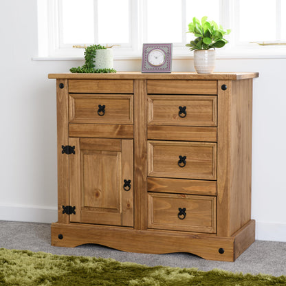 Seconique Corona 1 Door 4 Drawer Sideboard in Distressed Waxed Pine