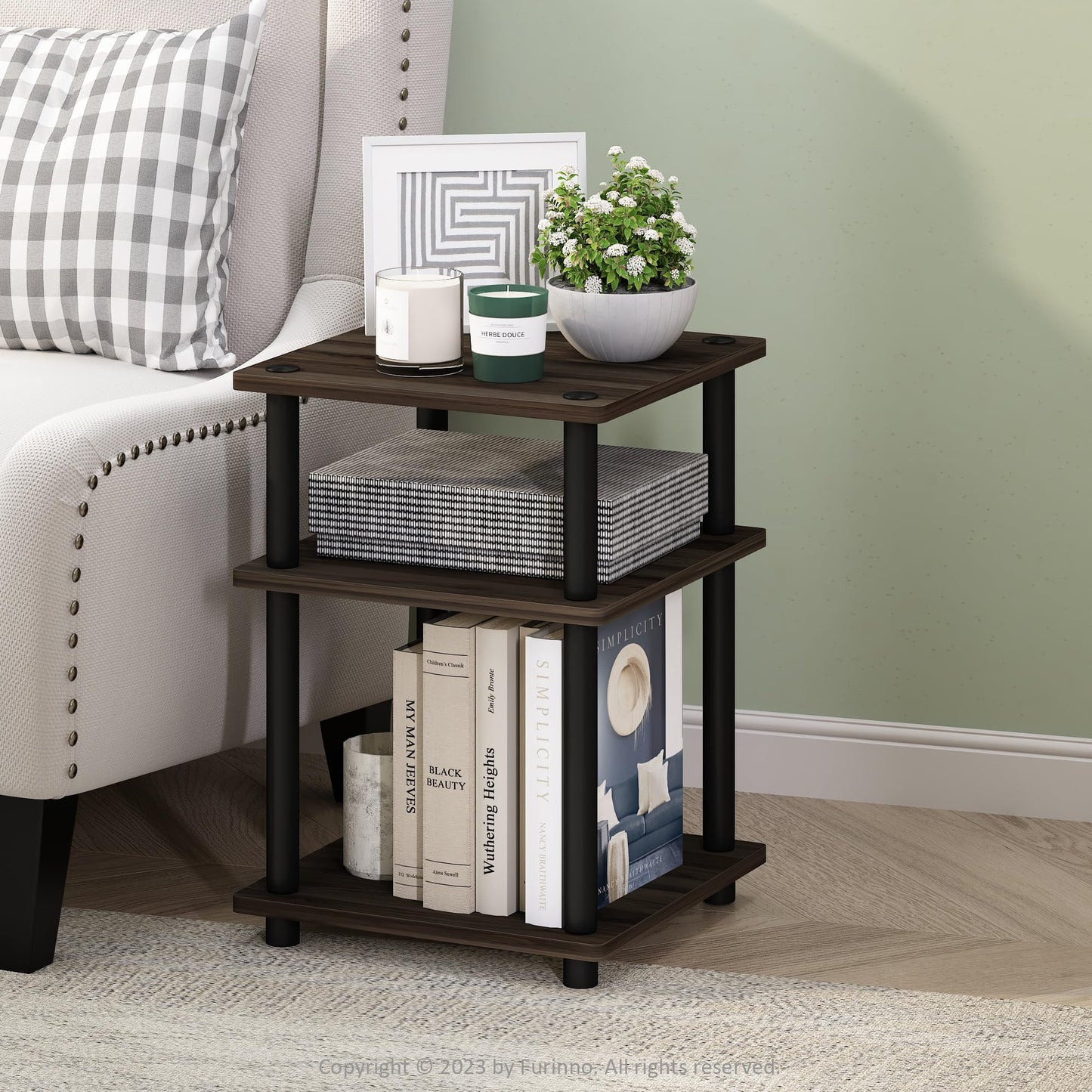 Furinno TURN-N-TUBE Side Table, 3-Tier End Table with Open Shelf, Night Stand, Bedside Table, Easy Assembly, for Living Room, Bedroom, Brown Walnut