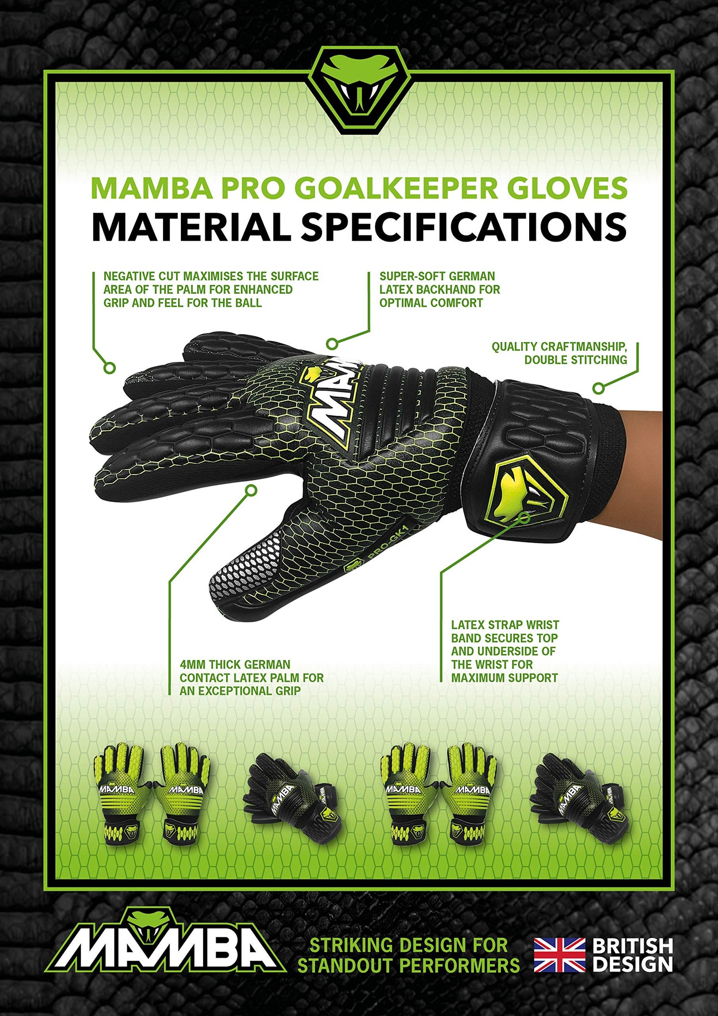 MAMBA Pro Goalkeeper Gloves | Premium Quality German Contact Latex Palm | Negative Cut | Latex Strap Wrist Support | Standout British Design | Goalie