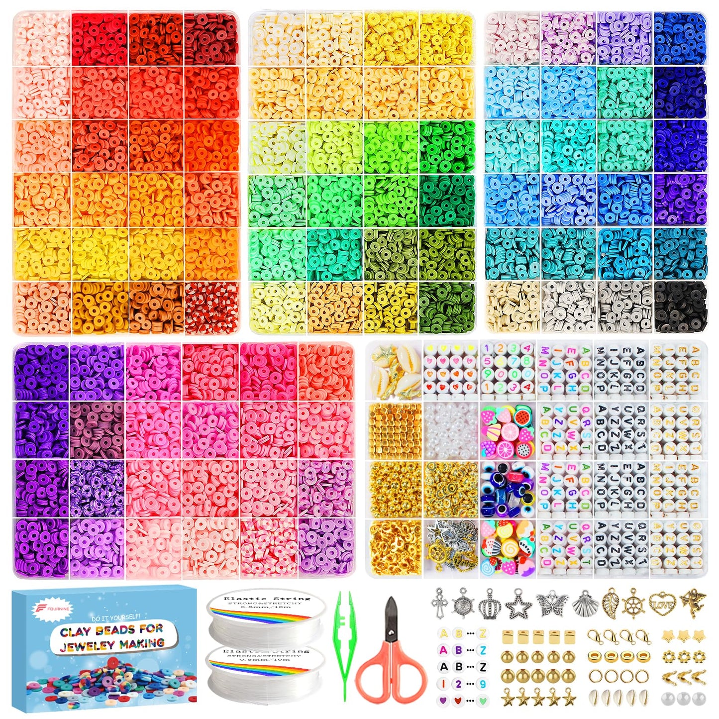 Fournine 18000 Pcs Clay Beads Bracelet Making Kit, 96 Colours 5 Boxes Flat Polymer Heishi Beads for Friendship Bracelet Jewellery Necklace Making Kit,