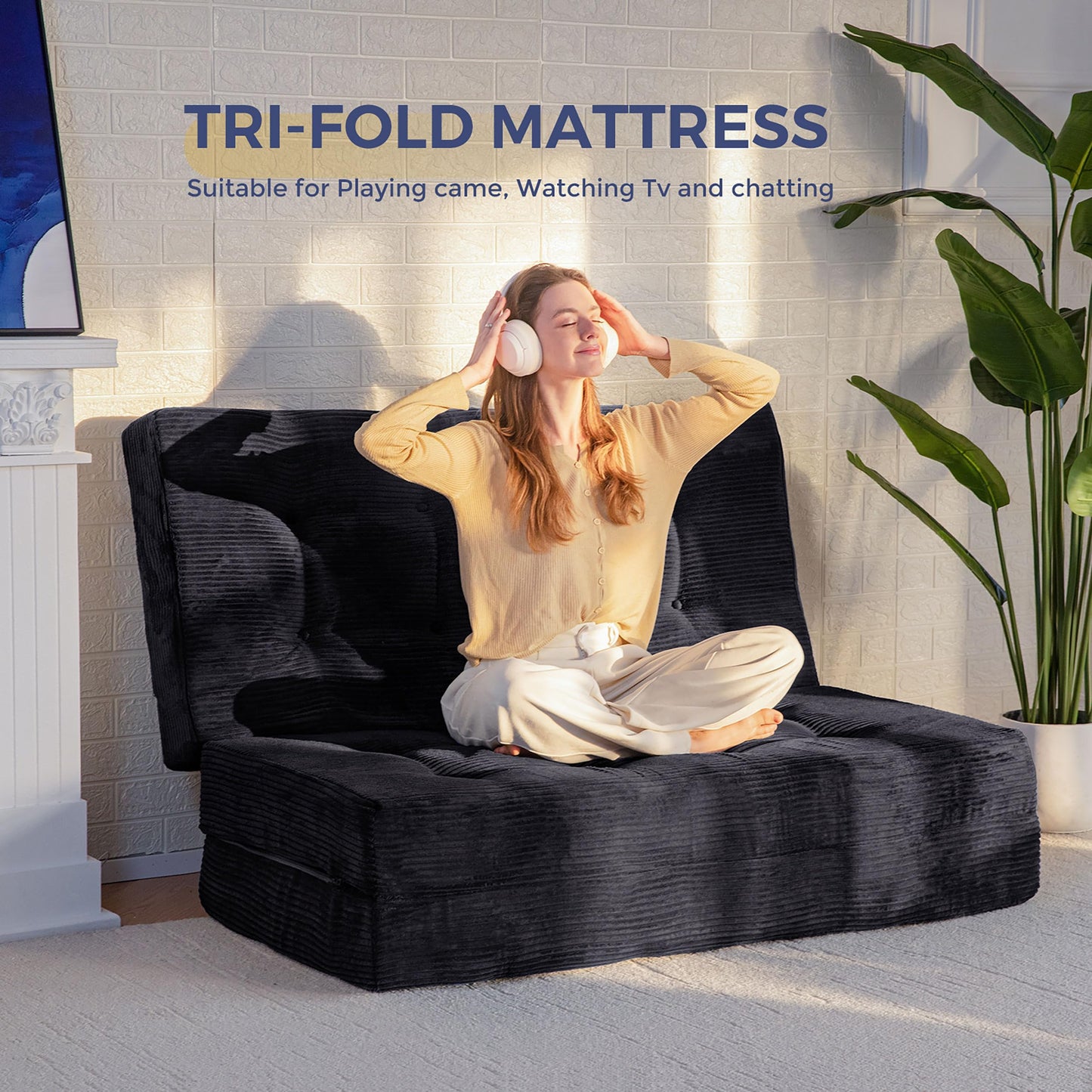 MAXYOYO Folding Mattress, Comfy Corduroy Foldable Mattress with 15cm Thicken Foam, Tri-Fold Floor Futon Sofa Bed for Guest,Black,Single
