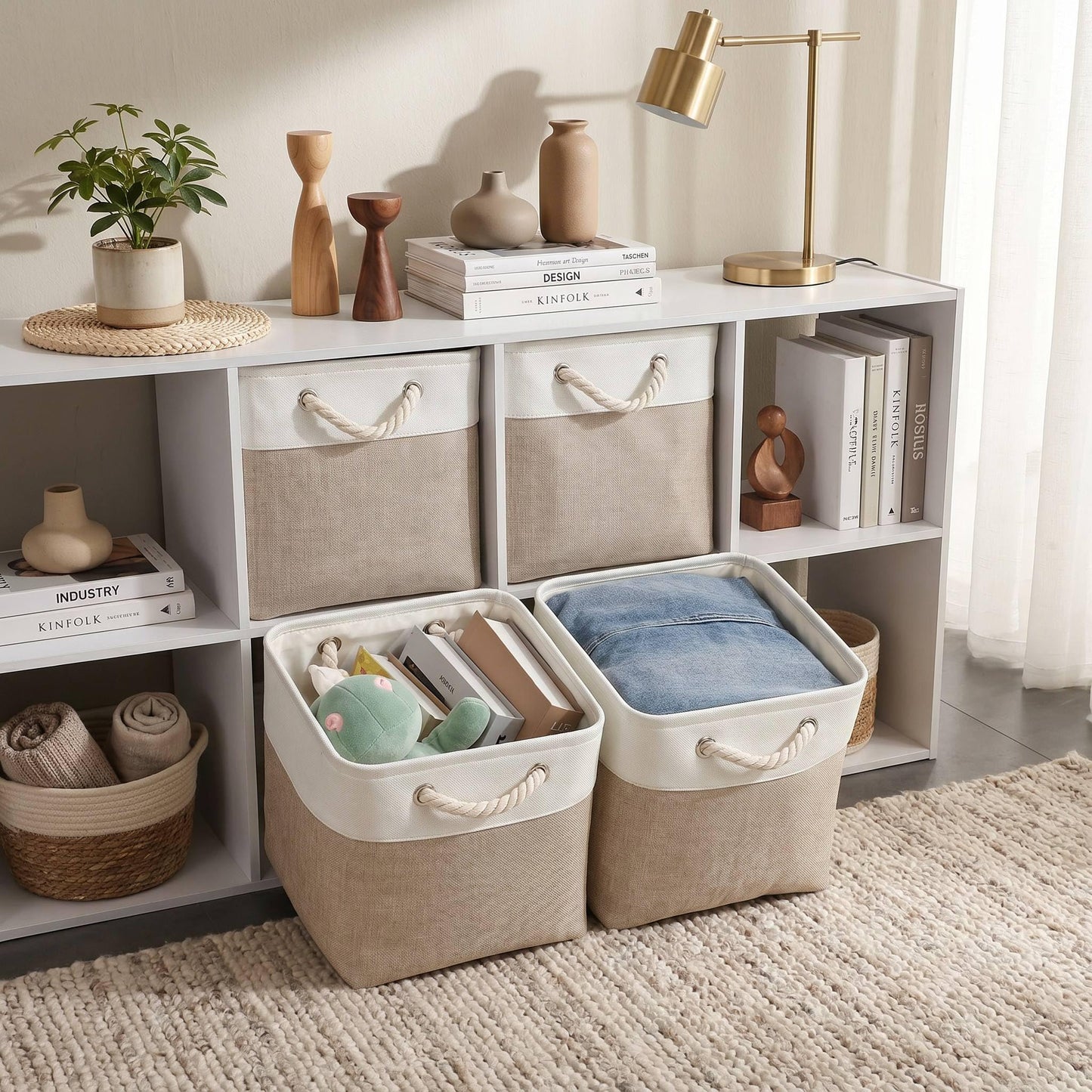 Mangata Canvas Storage Boxes, 33cm Cube Storage Bins Set of 6, Fabric Baskets with Cotton Rope Handle for Organizing Clothes Nursery Home