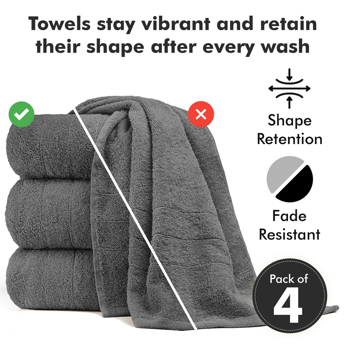 Novo Home Bath Towels Set of 4 – 550 GSM 100% Cotton Dark Grey Extra Large Towels for Bathroom, Spa Use (70x140 cm)