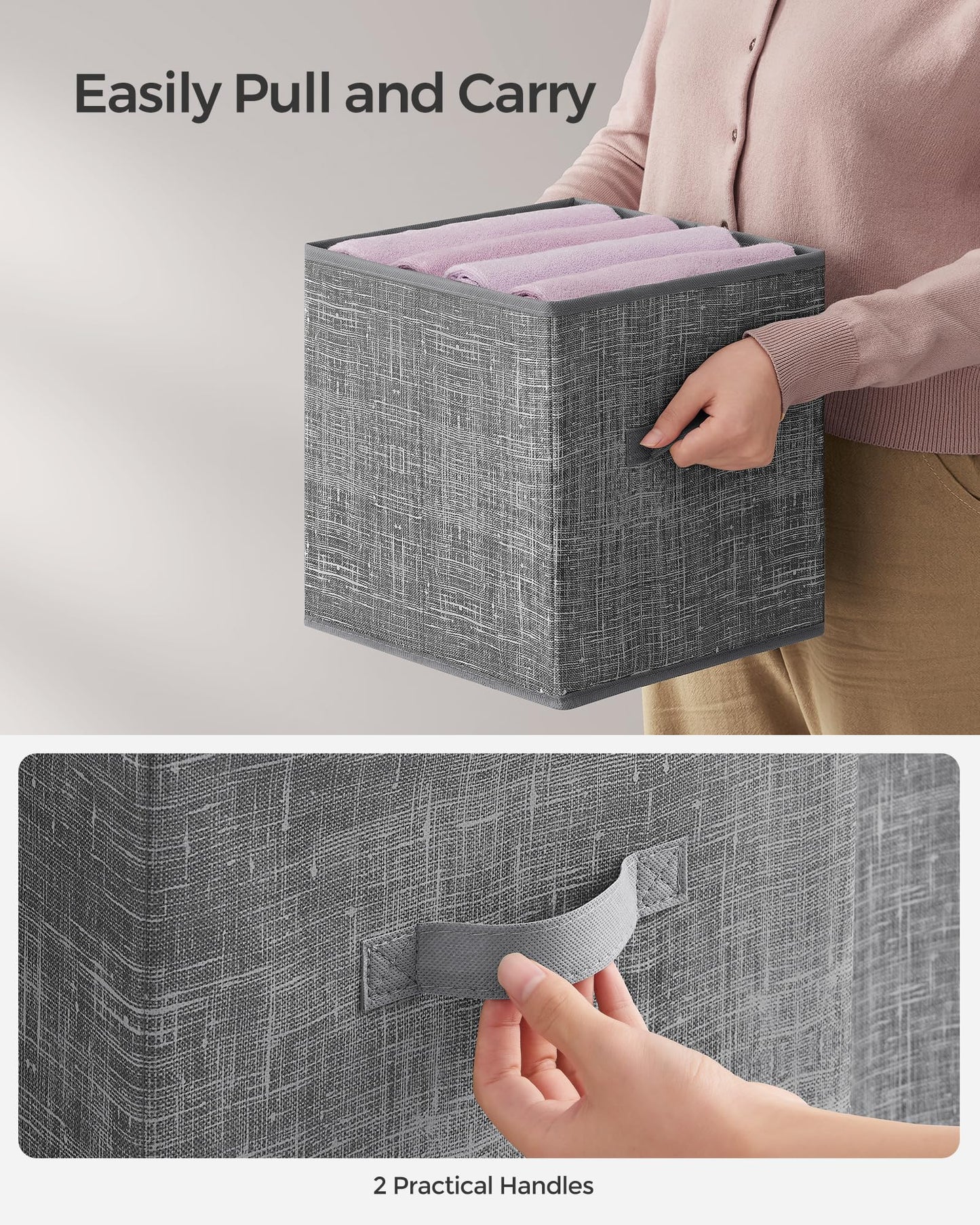 SONGMICS Storage Cubes, 33 cm Non-Woven Fabric Bins with Double Handles, Set of 8, Wardrobe Organisers for Shelves, Foldable, for Clothes, Cattail