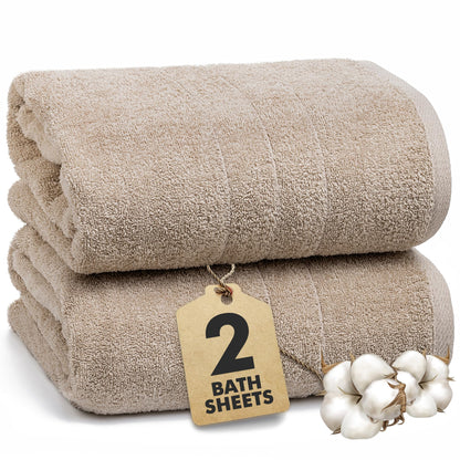 Novo Home Bath Sheets - Extra Large Bathroom Sheet Set – 550 GSM Pack of 2 Jumbo Towels Beige (90x180cm)