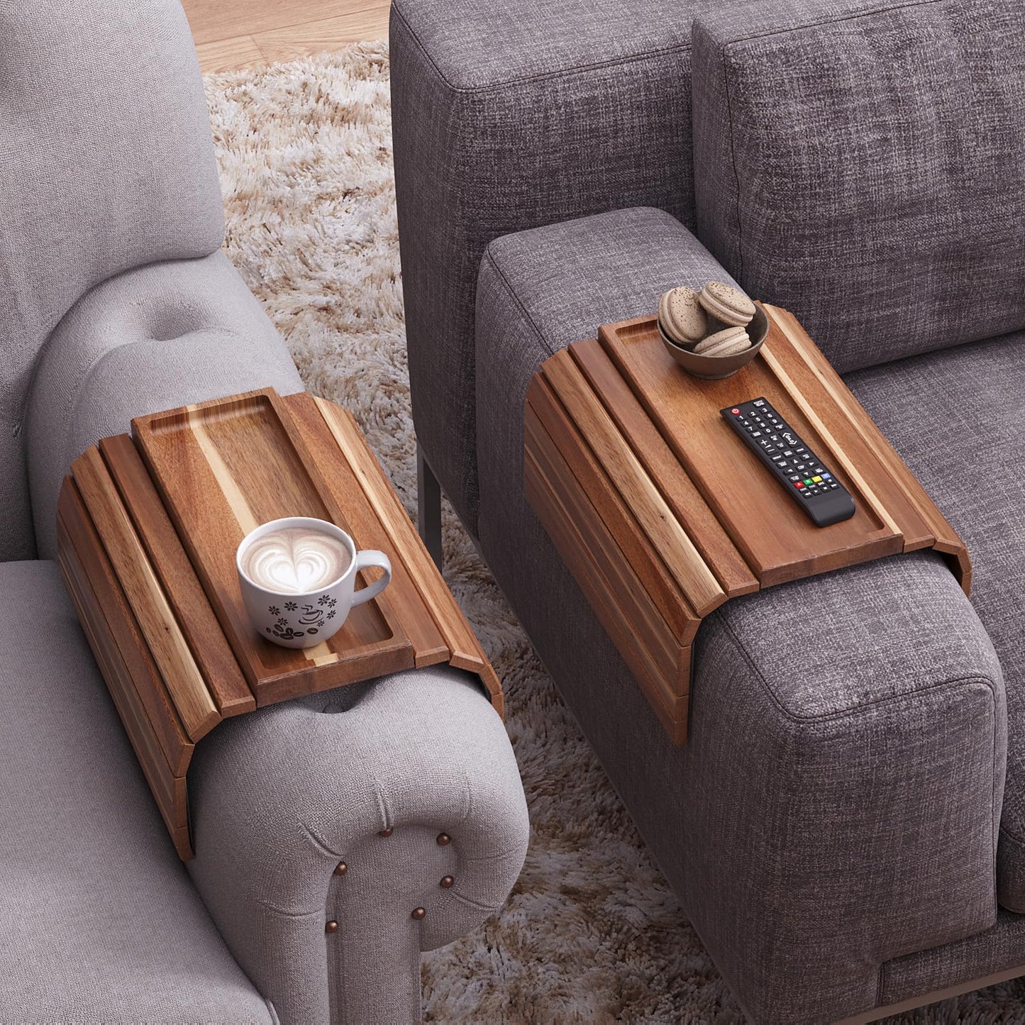 Fibogollo 2 Pack Sofa Arm Tray,Acacia Wood Folding Couch Arm Tray,Sofa Armrest Tray with Anti-Slip Pad for Drinks,Snacks,Phone,Remote Control