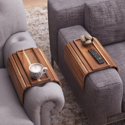 Fibogollo 2 Pack Sofa Arm Tray,Acacia Wood Folding Couch Arm Tray,Sofa Armrest Tray with Anti-Slip Pad for Drinks,Snacks,Phone,Remote Control