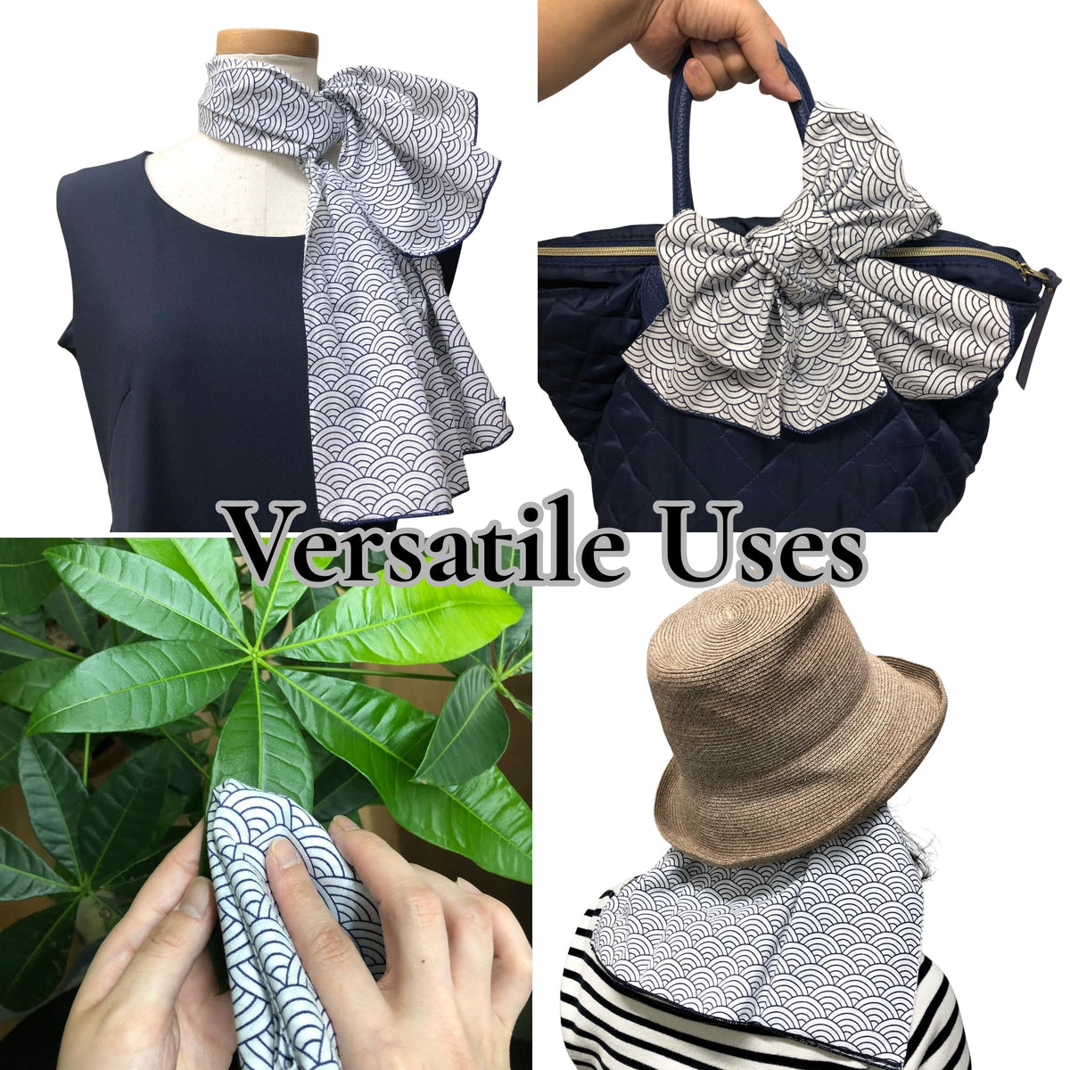 Japanese Tenugui Towel, 34.64"L x 12.99"W, Sakura & Seigaiha Navy, Set of 2