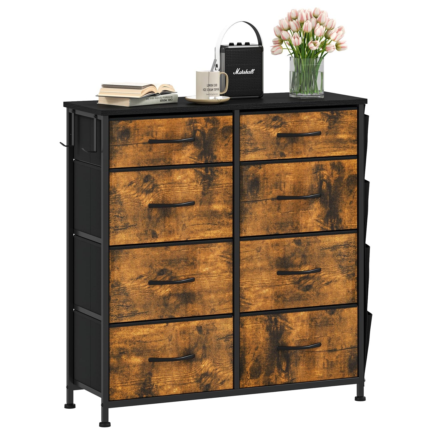 DWVO Chest of Drawers with 8 Drawers, Fabric Chest Drawers with Side Pocket&Hooks,Easy Pull Handle,Sturdy Steel Frame for Bedroom,Living Room,Rustic