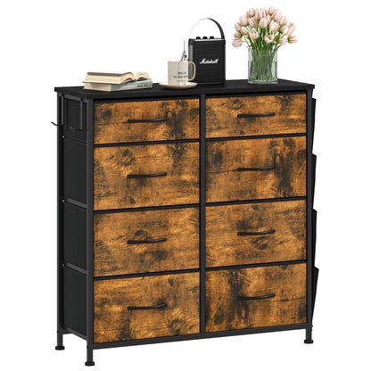 DWVO Chest of Drawers with 8 Drawers, Fabric Chest Drawers with Side Pocket&Hooks,Easy Pull Handle,Sturdy Steel Frame for Bedroom,Living Room,Rustic