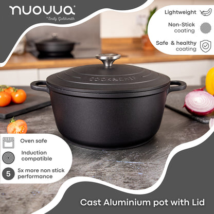 Non-Stick Aluminium Pot with Lid  Sturdy Deep Dutch Oven  Casserole Pot with Ergonomic Handles  4L, 24cm Oven Safe Cooking Pot  by Nuovva
