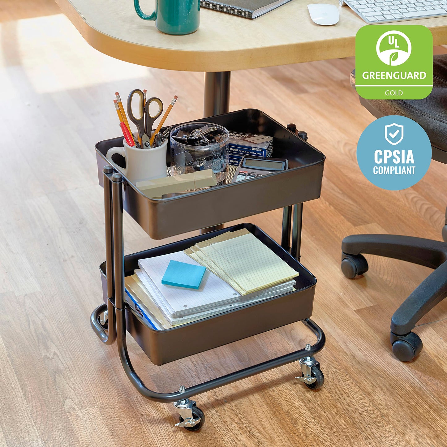ECR4Kids 2-Tier Metal Rolling Utility Cart - Under Desk Office Storage, Multipurpose Mobile Organizer, Black