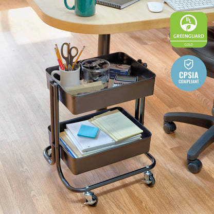 ECR4Kids 2-Tier Metal Rolling Utility Cart - Under Desk Office Storage, Multipurpose Mobile Organizer, Black