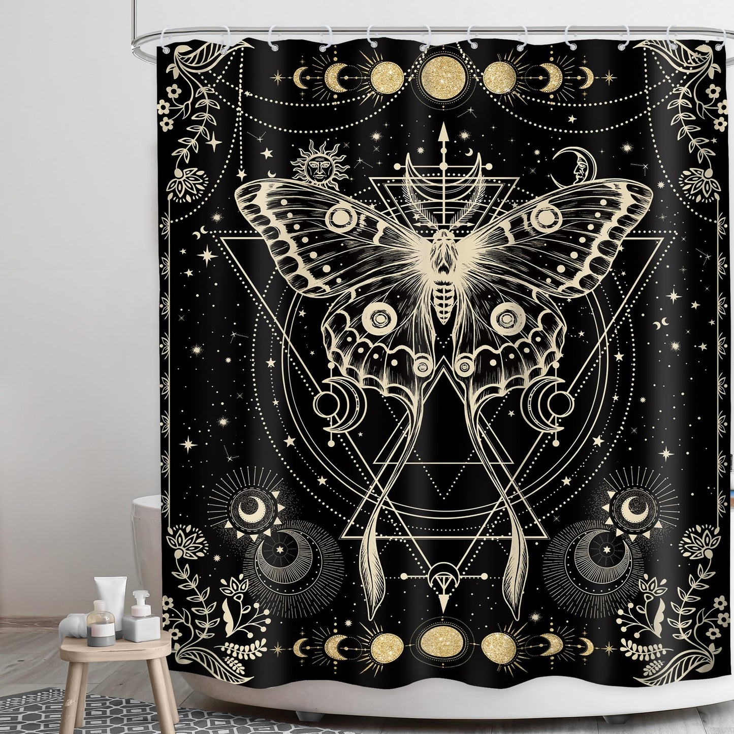 LGhtyro Gold Moth Shower Curtain 60Wx71H Inch Moon Phase Shower Curtain Bathroom Set Gothic Black Butterfly Moonlit Bath Curtain Witchy Tarot