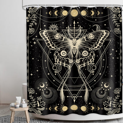LGhtyro Gold Moth Shower Curtain 60Wx71H Inch Moon Phase Shower Curtain Bathroom Set Gothic Black Butterfly Moonlit Bath Curtain Witchy Tarot