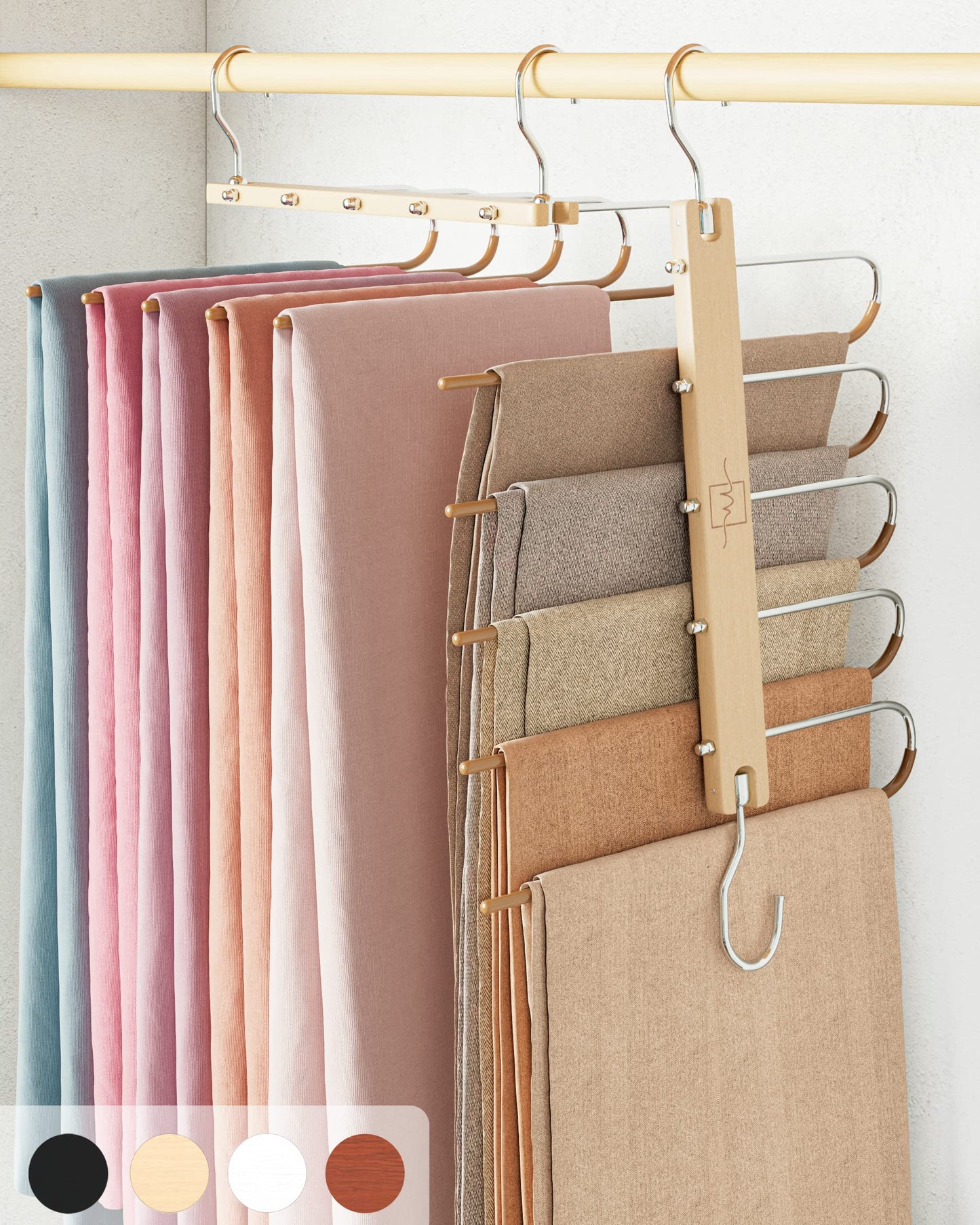 MORALVE Trousers Hangers Space Saving - 4 Pack European Beechwood Scarf and Jeans Hangers - Wardrobe Organiser and Space Saver Trouser Rack