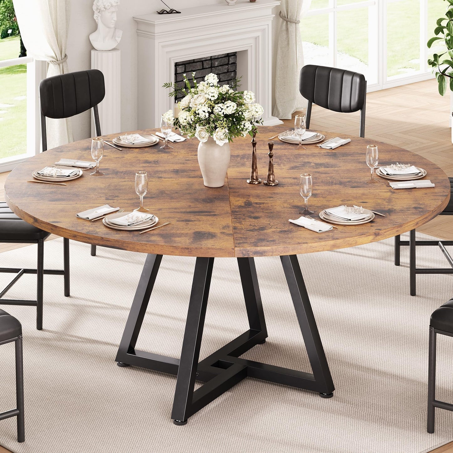 Jocoevol Round Kitchen Dining Table for 4-6 People, Circle Dinner Table with Metal Frame, Space Saving Wood Industrial Furniture (Vintage, 51 inch