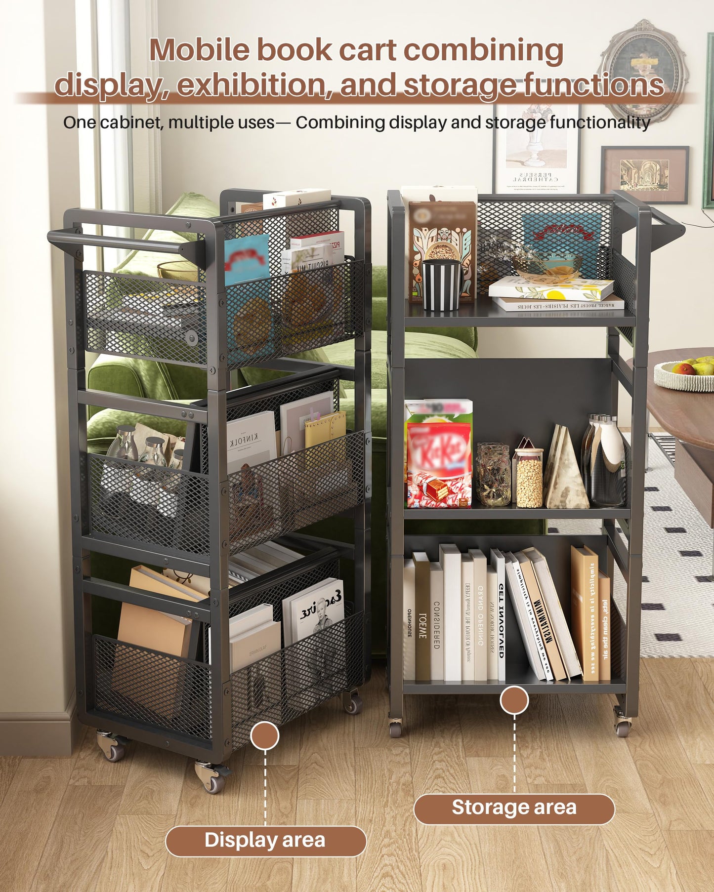 Noskox Mobile Bookshelf with Wheels, Metal 3-Tier Book Trolley