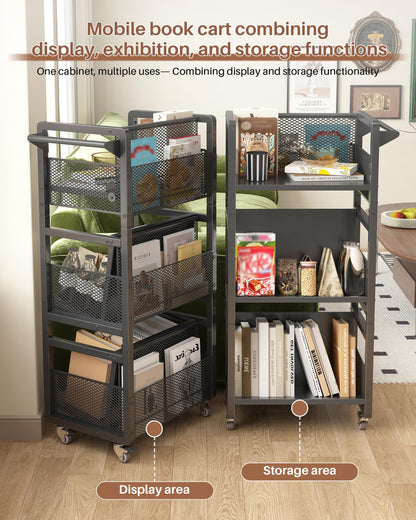 Noskox Mobile Bookshelf with Wheels, Metal 3-Tier Book Trolley