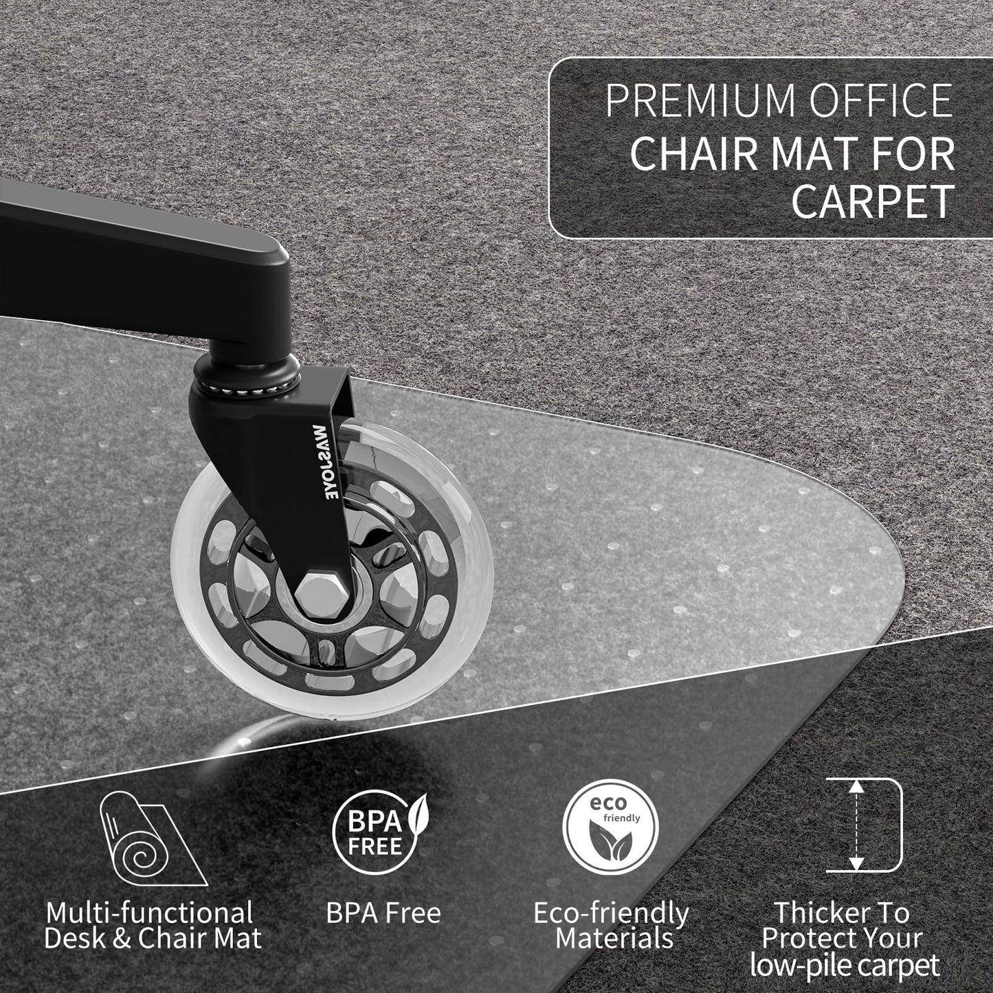 WASJOYE Office Chair Mat for Carpet, 90x120 cm Clear Carpet Floor Protector 2.2mm Thick T shape