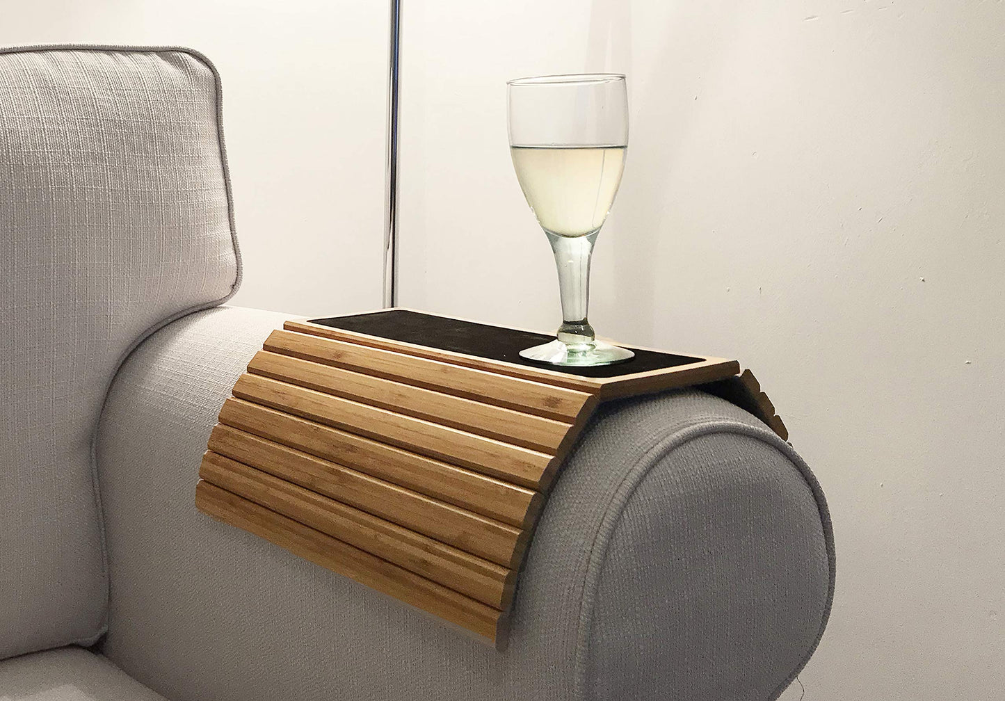 En Route Bamboo Arm Tray Table | Foldable Couch Armrest Tray with Non-Slip Mat for Drinks, Snacks, Phone & Remote | Flexible