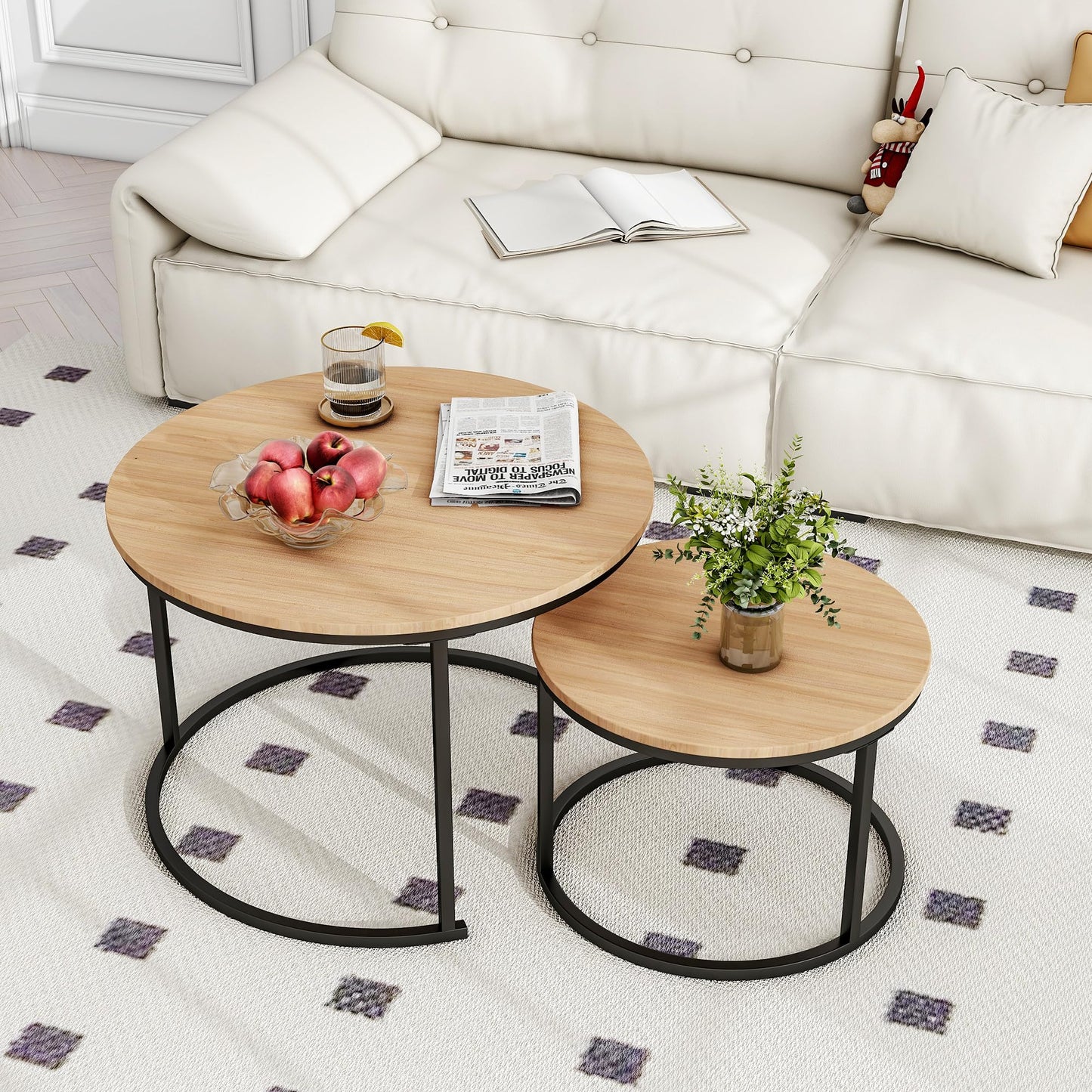 BOFENG Round Nesting Coffee Table, Set of 2 End Tables for Living Room/Bedroom/Small Space (Black+Oakdk, Set of 2)