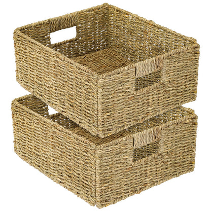 HMF Storage Basket compatible with KALLAX half shelf, basket woven from water hyacinth with handles | Set of 2 | 30 x 34 x 15 cm | Natural