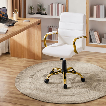Yaheetech Mid-Back PU Leather Swivel Chair Gold Leg & Lumbar Support, White