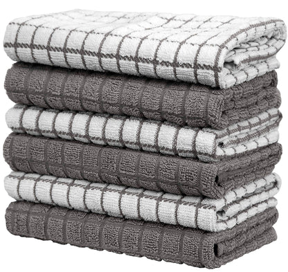 Bumble Kitchen Towels 16"x 28" | Highly Absorbent Dish Towels with Hanging Loop | Natural Ring Spun Cotton, 380 GSM | Gray Check Design - 6 Pack