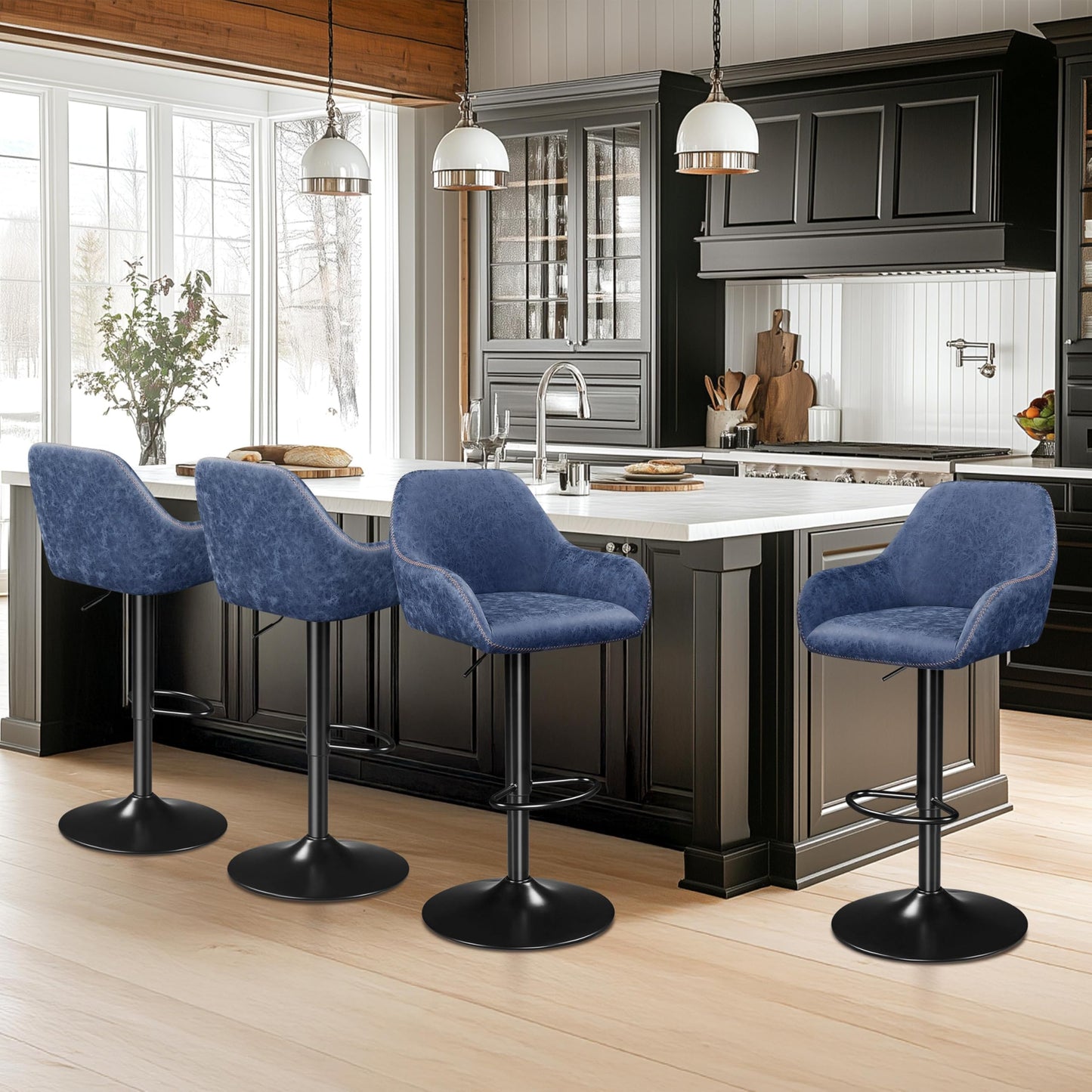 Yaheetech PU Leather Adjustable Swivel Bar Stools Set of 2, Blue