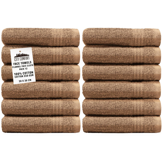 CityComfort Flannels Pack of 12 Face Towels 100% Cotton 550 GSM 30x30cm Highly Absorbent Soft Wash Cloth Household Essentials (Brown - 12 Pack)