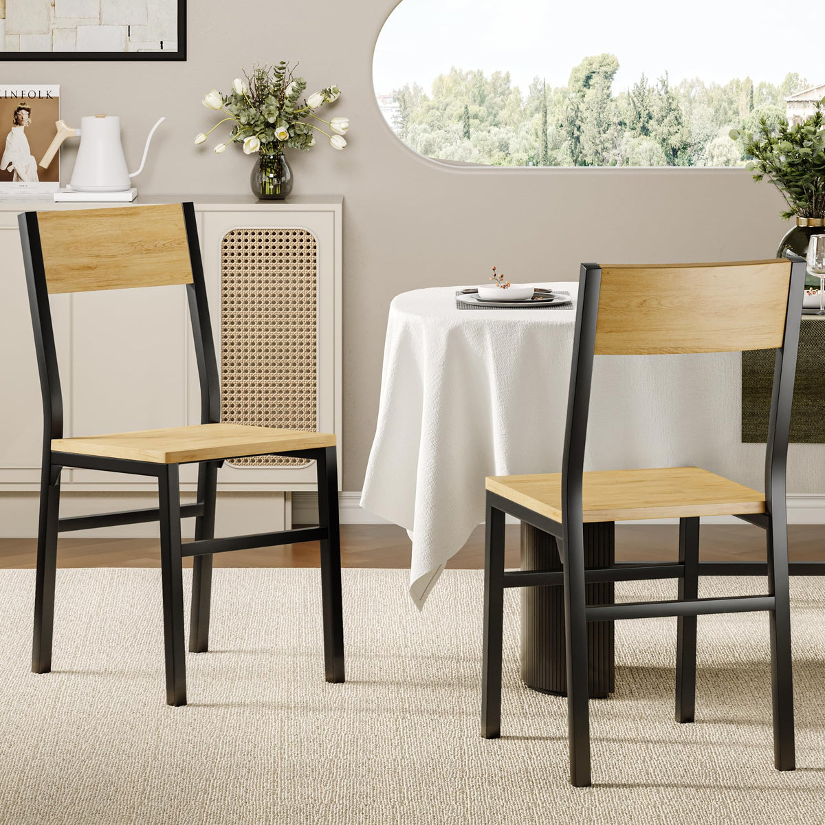 Feonase Dining Chairs Set of 4, Dining Room Chairs with 2 Ergonomic Chairs & 2 Benches, MDF Board and Metal Frame, Kitchen Chairs for Home, Apartment