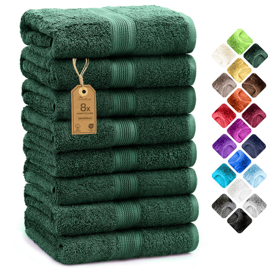 NatureMark 8 Hand Towels Set - 100% Cotton - Soft and Absorbent Bathroom Towels, Durable and Comfortable, Size 50 x 100 cm, Dark Green