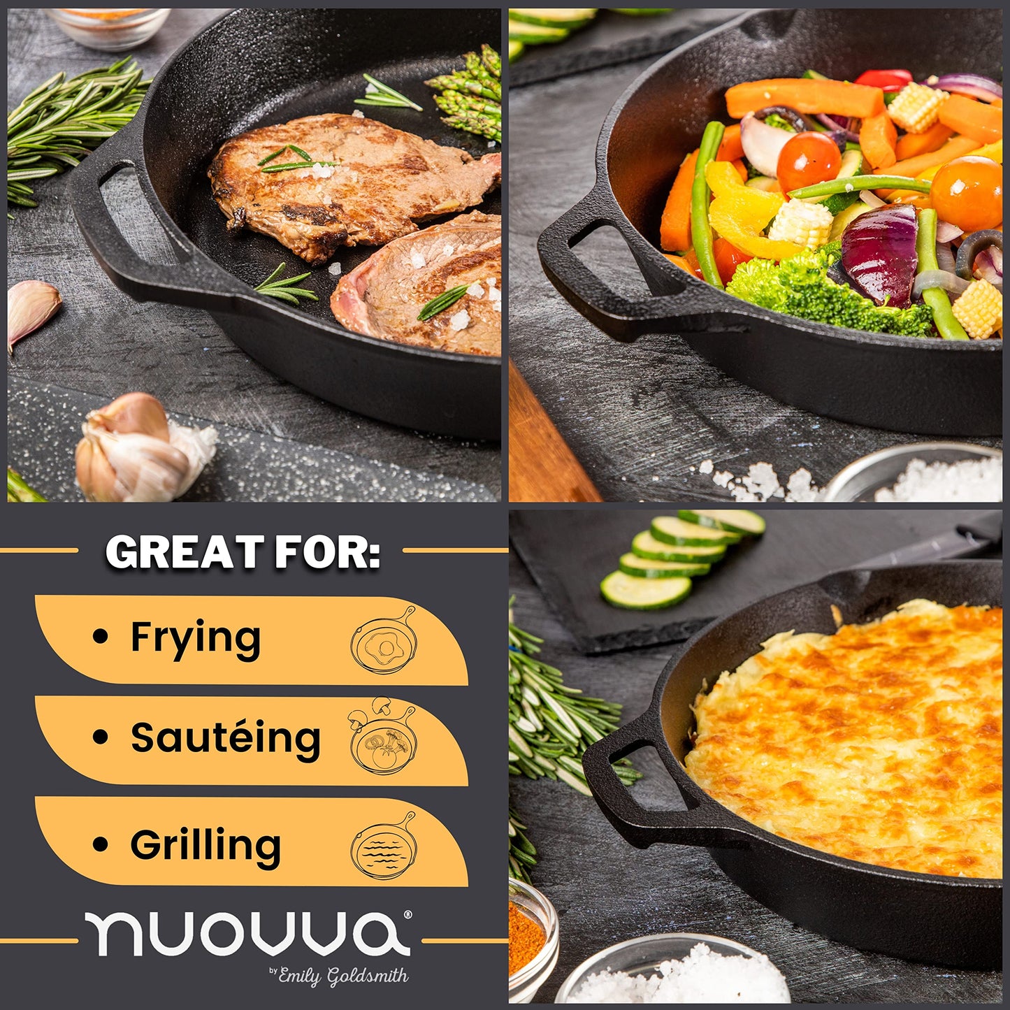 nuovva 2pcs Cast Iron Skillet Set  Pre Seasoned Skillet Frying Pan  Oven Safe Grill Cookware Set for Outdoor & Indoor Use  (Chef Set 10-inch 25cm