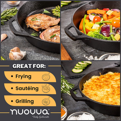 nuovva 2pcs Cast Iron Skillet Set  Pre Seasoned Skillet Frying Pan  Oven Safe Grill Cookware Set for Outdoor & Indoor Use  (Chef Set 10-inch 25cm