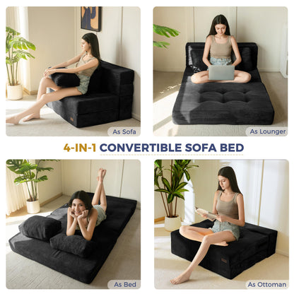 MAXYOYO Folding Foam Sofa Bed, Tri-Fold Mattress with Pillow, Convertible Sofa Chair Futon Z Bed with 15cm Thincken Foam, Portable 3 in 1 Floor Couch