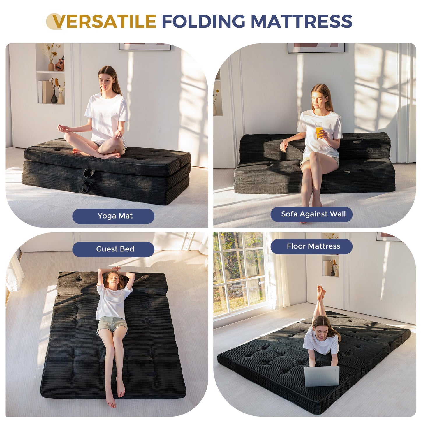 MAXYOYO Folding Mattress Double, Comfy Foldable Sofa Couch Bed, Guest Mattress with Handles Floor Futon Sofa Bed for Guest