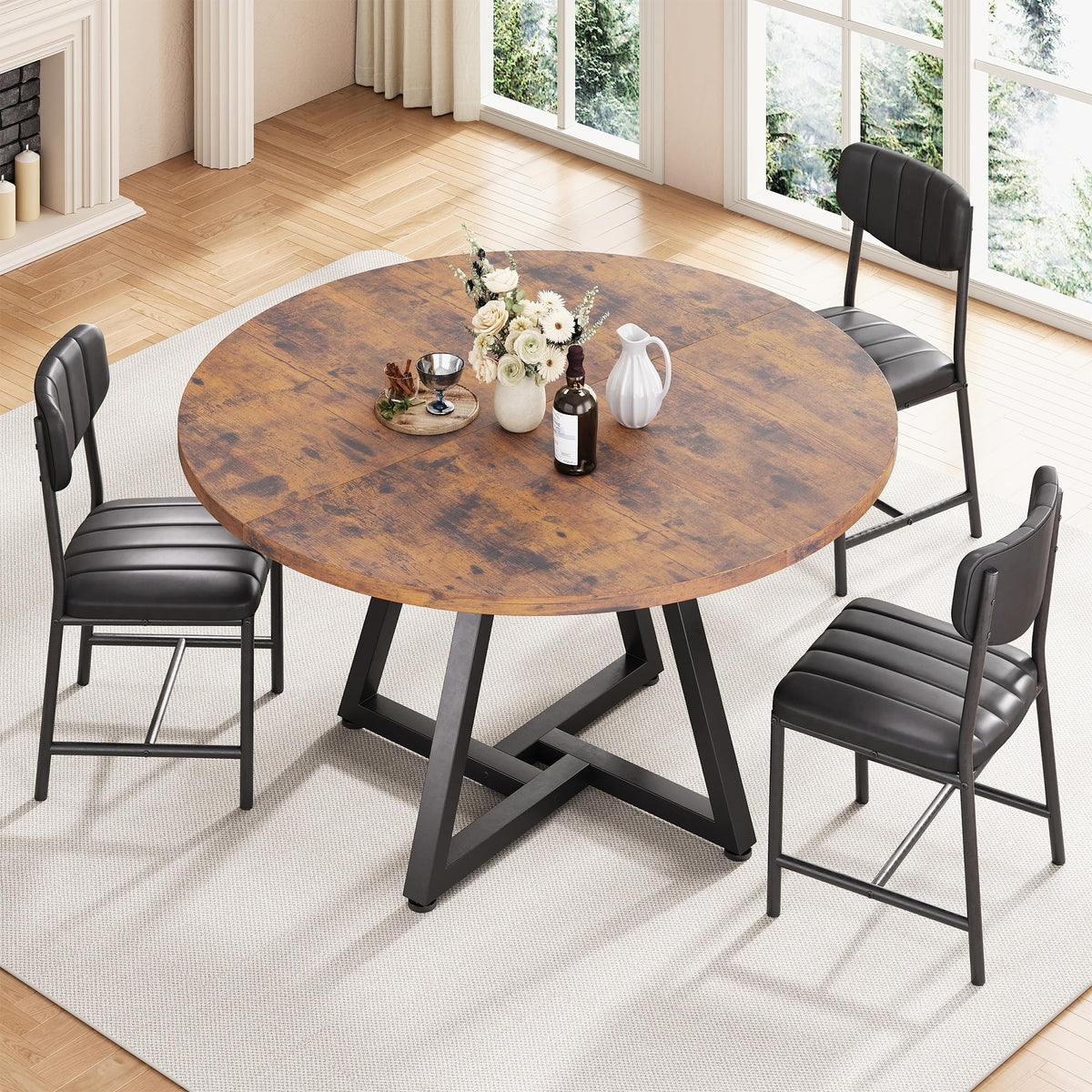 Jocoevol Round Kitchen Dining Table for 2 People, Circle Dinner Table with Metal Frame, Space Saving Wood Industrial Furniture (Vintage, 31 inch