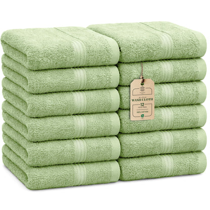 HomeBurg Luxe 12-Piece Washcloth Set - 100% Cotton, Soft & Absorbent, Easy Care, Premium Towels for Face & Daily Use, 30 x 30 cm, Sage Green
