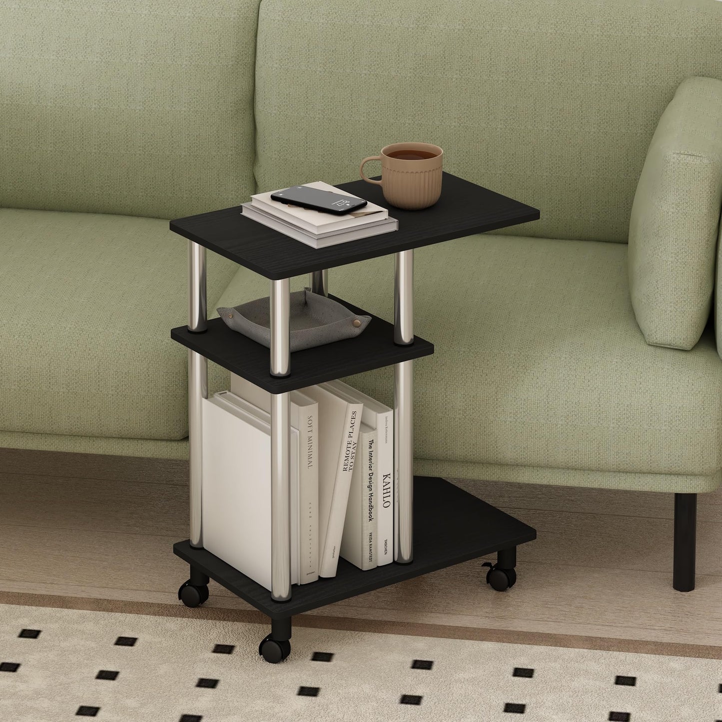 Furinno TOMI Side Table, 3-Tier C-Shape Open Shelf End Table with Wheels, Night Stand, Bedside Table, Toolless Assembly, for Living Room, Bedroom