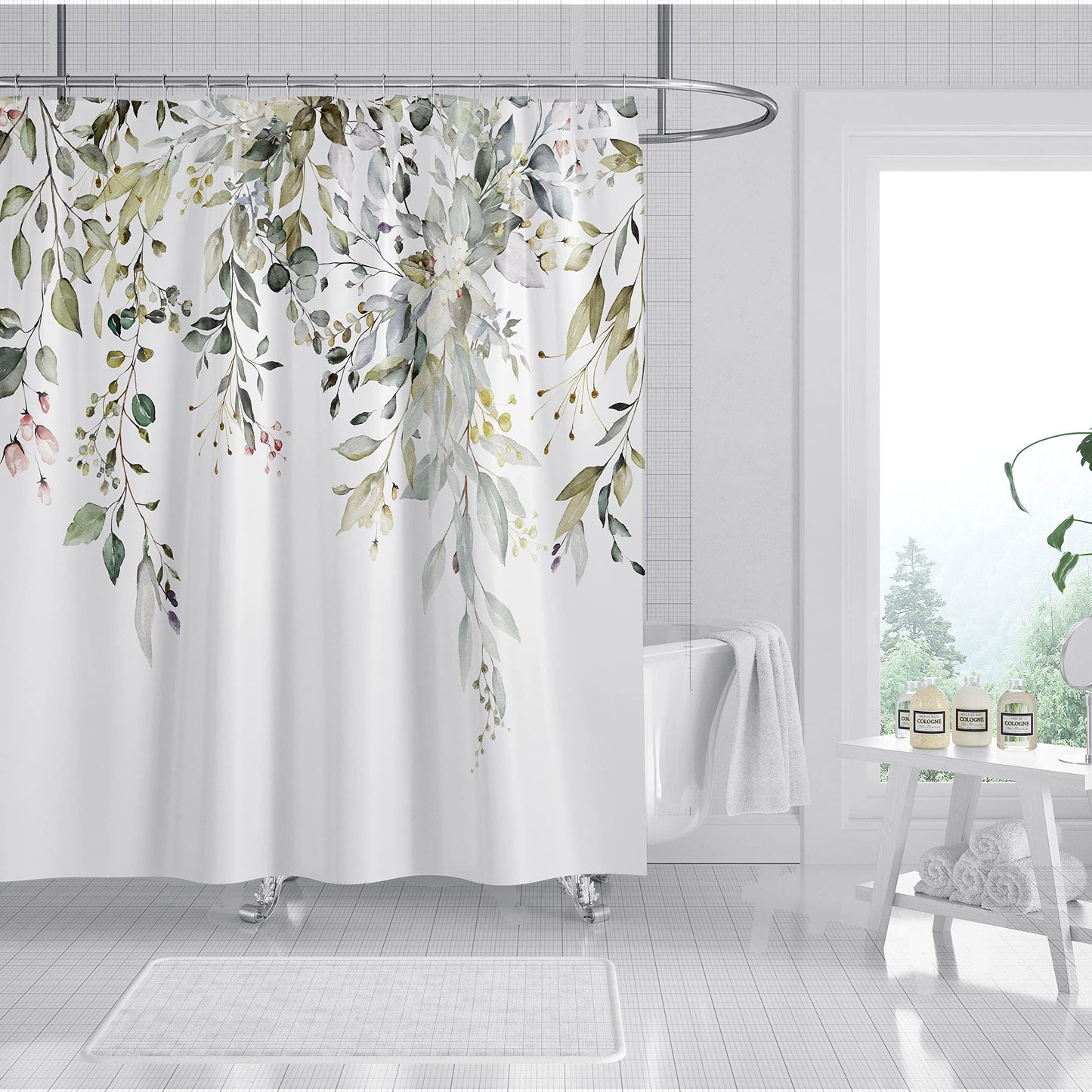 Leaves Shower Curtain 180 x 180 cm Green Leaf Plant Bathroom Curtain Waterproof Mildew & Mould Resistant Polyester Fabric Bath Curtain with 12 Hooks