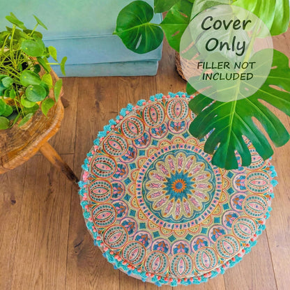 Mandala Life ART Yellow Round Velvet Pouf Cover - Digital Printed Ottoman Slipcover with Moroccan Design, 24 Inch Diameter, Ideal for Living Room