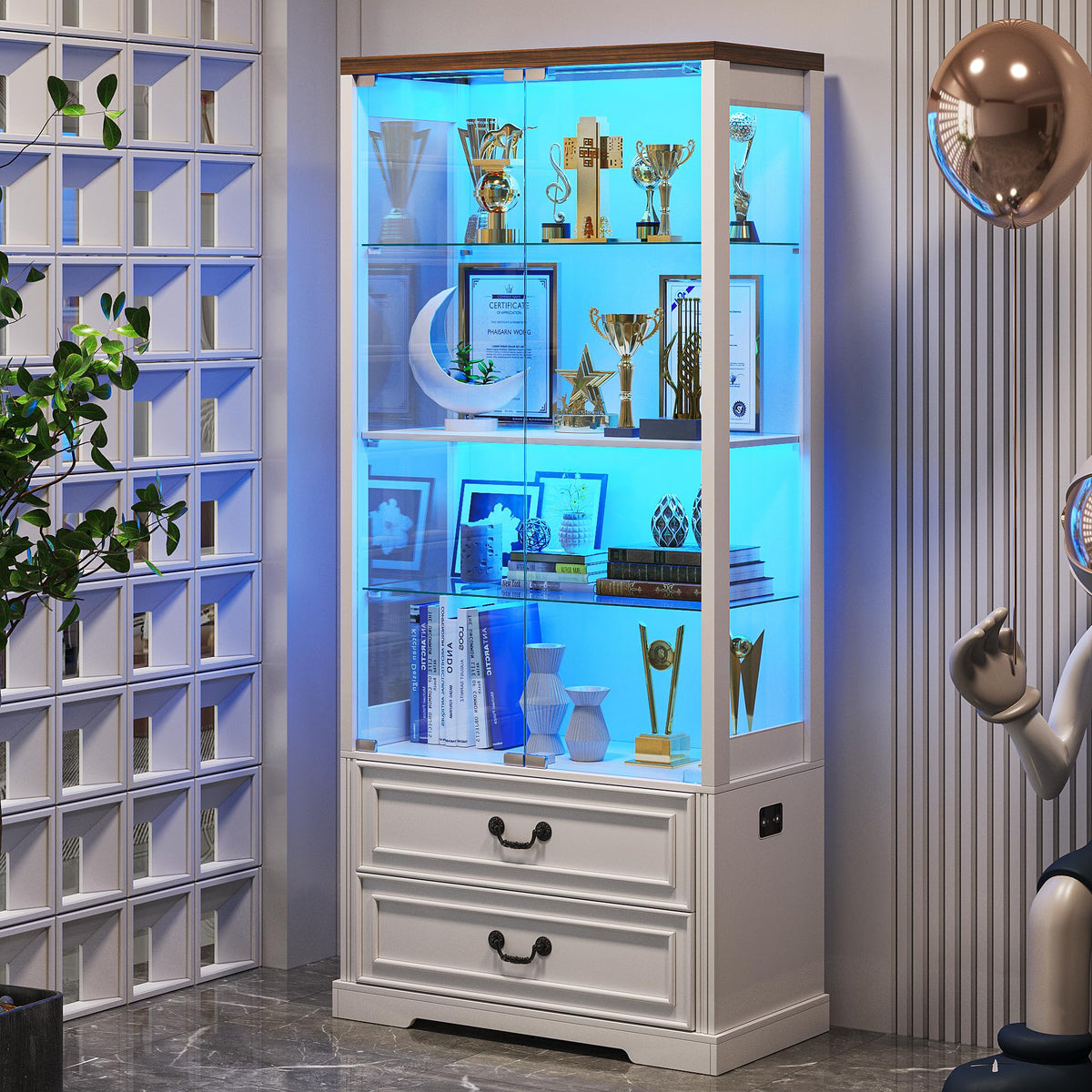 FREDEES LED Display Cabinet with Glass Doors and Drawers, White
