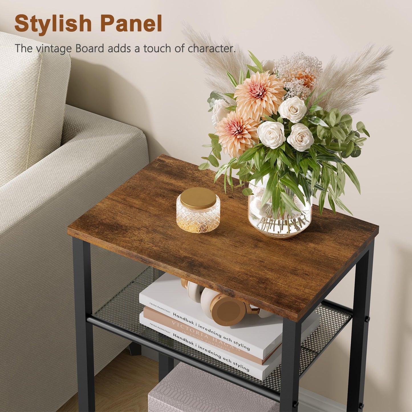 Hoctieon 3 Tier End Table, Telephone Table, Tall Side Table with Storage, Small Nightstand for Small Spaces, Metal Frame, For Living Room, Bedroom