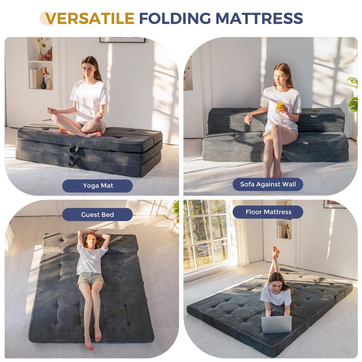 MAXYOYO Folding Mattress Single, Comfy Foldable Sofa Couch Bed, Guest Mattress with Handles Floor Futon Sofa Bed for Guest