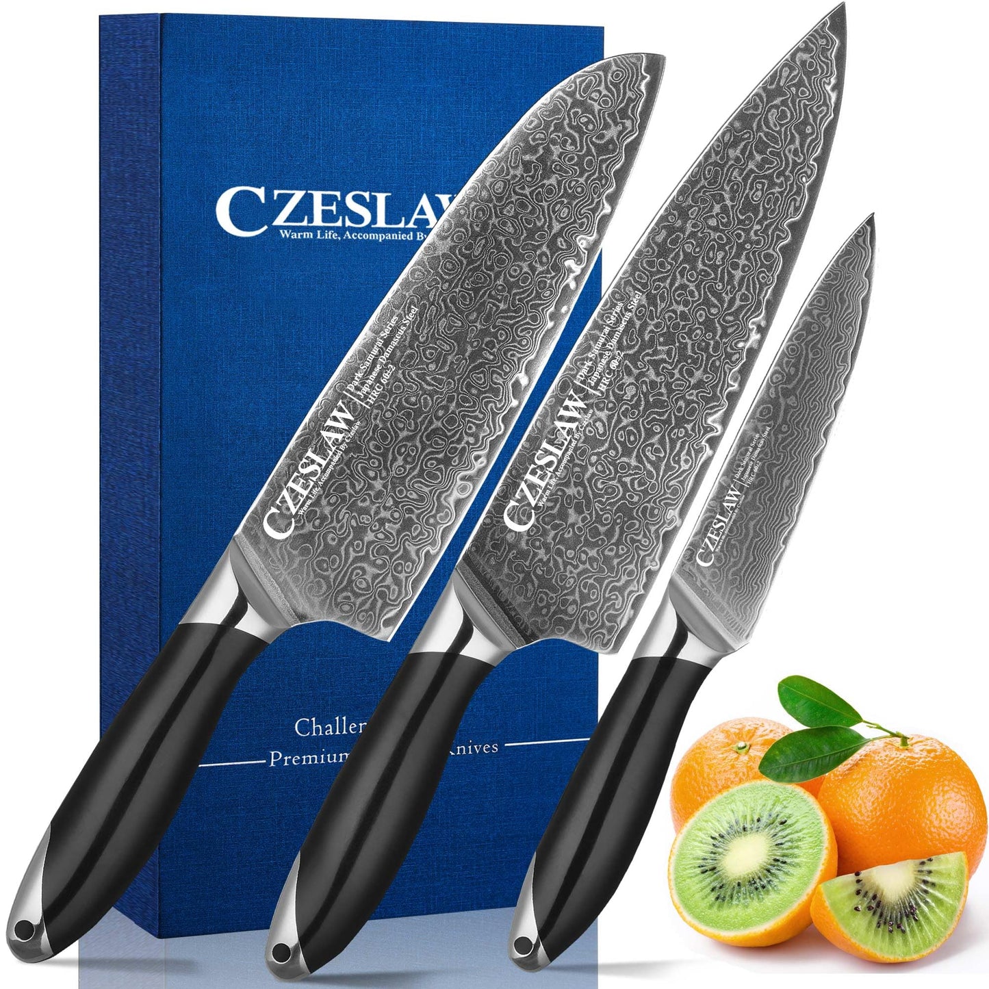 Czeslaw Knife Set, Japanese Damascus Kitchen Knife Set, Professional Sharp Black Chef Knife Set of 3 Piece, Cooking Knife Sets, Use Premium Damascus