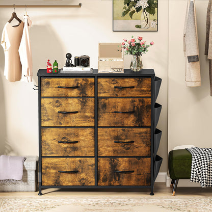 DWVO Chest of Drawers with 8 Drawers, Fabric Chest Drawers with Side Pocket&Hooks,Easy Pull Handle,Sturdy Steel Frame for Bedroom,Living Room,Rustic