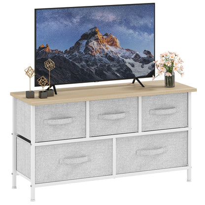 DWVO Chest of Drawers, 5 Fabric Drawers Bedroom Cabinet,Dresser for Bedroom,Living Room With Handles,Wood Top and Sturdy Steel Frame, Light Grey